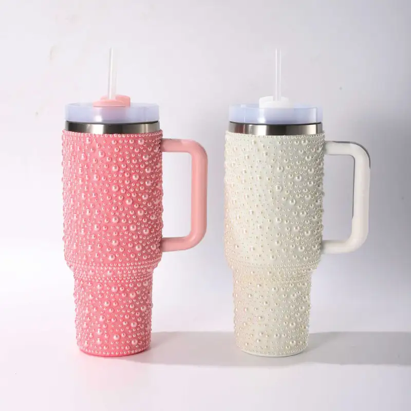 20 Pack USA Warehouse 40oz H2.0 White Pink Rhinestone Pearl Bling Tumblers 40 oz Stainless Steel Cup