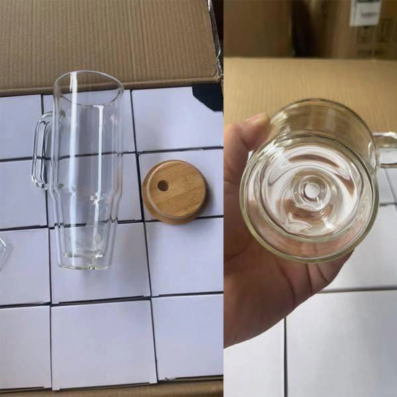 12 Pack China Warehouse Sublimation Blanks Pre Drilled Hole 40oz Glass Snow Globe Tumbler Cups with Handle and Bamboo Lid for UV DTF Cup Wraps