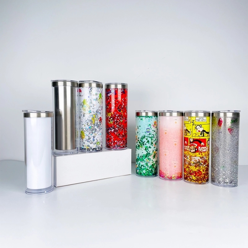 25 Pack China Warehouse 20oz Sublimation Blanks Cup Pre Drilled Double Wall Snow Globe Plastic Outside Silver Stainless Steel Inside Straight Tumbler