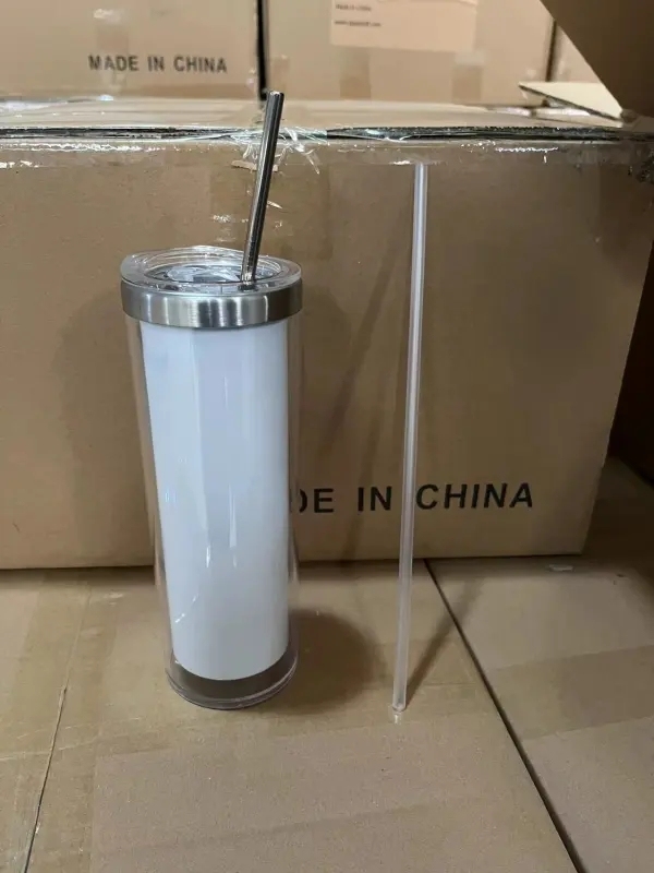 25 Pack China Warehouse 20oz Sublimation Blanks Cup Pre Drilled Double Wall Snow Globe Plastic Outside Silver Stainless Steel Inside Straight Tumbler