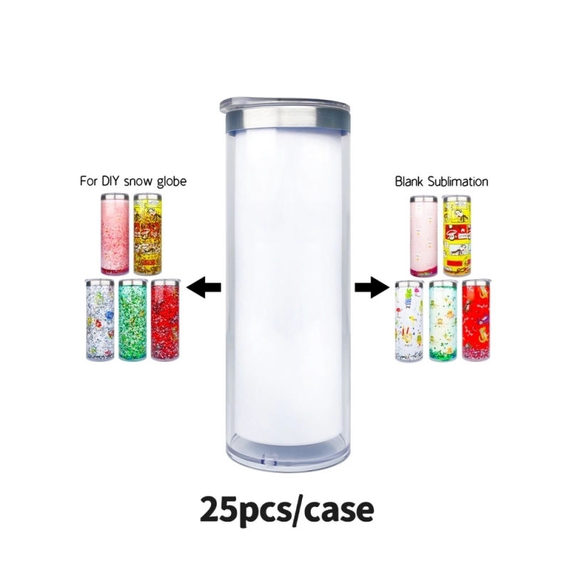 25 Pack China Warehouse 20oz Sublimation Blanks Cup Pre Drilled Double Wall Snow Globe Plastic Outside Silver Stainless Steel Inside Straight Tumbler