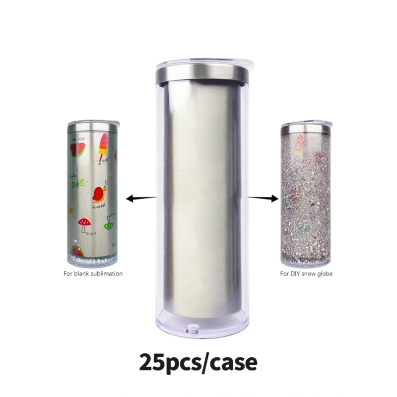 25 Pack China Warehouse 20oz Sublimation Blanks Cup Pre Drilled Double Wall Snow Globe Plastic Outside Silver Stainless Steel Inside Straight Tumbler