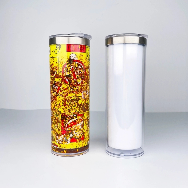 25 Pack China Warehouse 20oz Sublimation Blanks Cup Pre Drilled Double Wall Snow Globe Plastic Outside Silver Stainless Steel Inside Straight Tumbler