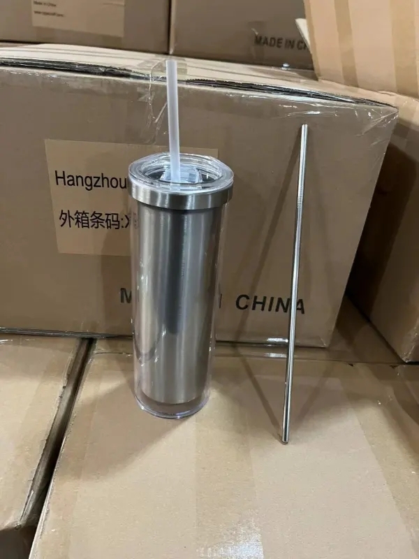 25 Pack China Warehouse 20oz Sublimation Blanks Cup Pre Drilled Double Wall Snow Globe Plastic Outside Silver Stainless Steel Inside Straight Tumbler