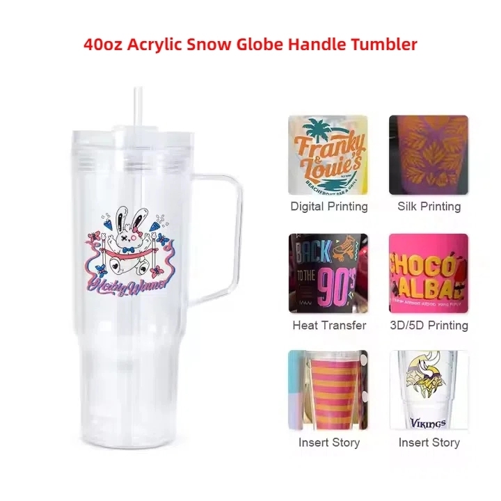16 Pack China Warehouse Glitter 40oz Clear Acrylic Snow Globe Cups 40 oz Plastic Double Wall Tumbler with Pre Drilled Hole and Plug for UV DTF Transfer Wrap