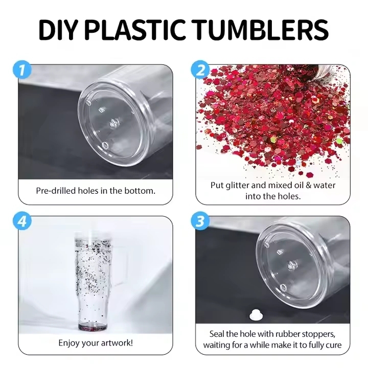 16 Pack China Warehouse Glitter 40oz Clear Acrylic Snow Globe Cups 40 oz Plastic Double Wall Tumbler with Pre Drilled Hole and Plug for UV DTF Transfer Wrap