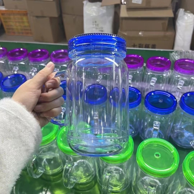 25 Pack China Warehouse New Style 20oz Pre-drilled Snow Globe Cup 20 oz Plastic Colorful and Clear Lids Mason Jars with Handles and Plug Acrylic Mugs for DIY Glitters
