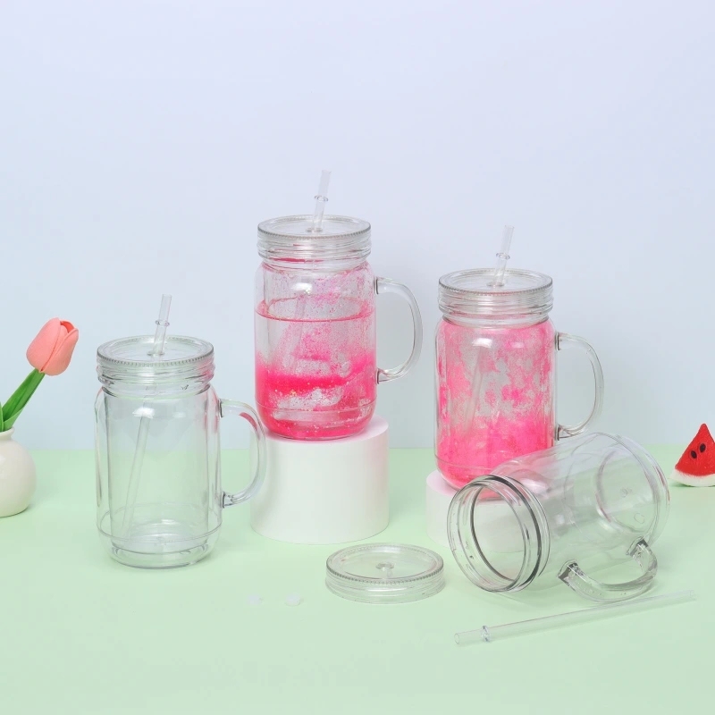 25 Pack China Warehouse New Style 20oz Pre-drilled Snow Globe Cup 20 oz Plastic Colorful and Clear Lids Mason Jars with Handles and Plug Acrylic Mugs for DIY Glitters