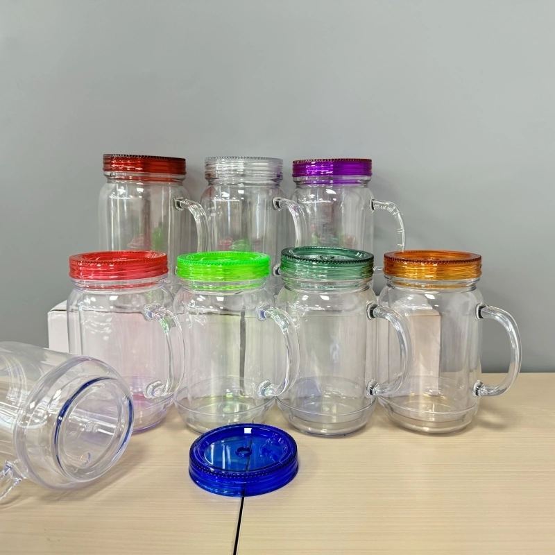 25 Pack China Warehouse New Style 20oz Pre-drilled Snow Globe Cup 20 oz Plastic Colorful and Clear Lids Mason Jars with Handles and Plug Acrylic Mugs for DIY Glitters