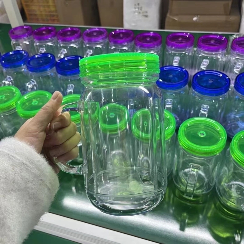 25 Pack China Warehouse New Style 20oz Pre-drilled Snow Globe Cup 20 oz Plastic Colorful and Clear Lids Mason Jars with Handles and Plug Acrylic Mugs for DIY Glitters