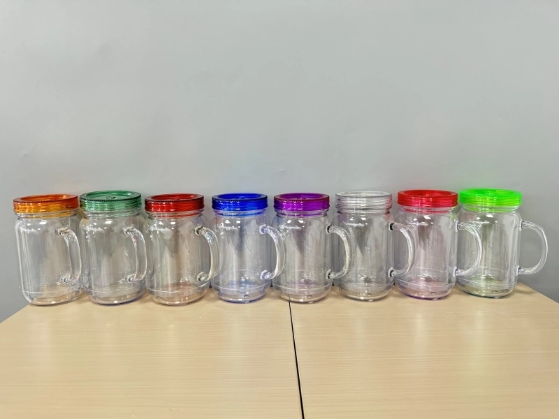 25 Pack China Warehouse New Style 20oz Pre-drilled Snow Globe Cup 20 oz Plastic Colorful and Clear Lids Mason Jars with Handles and Plug Acrylic Mugs for DIY Glitters