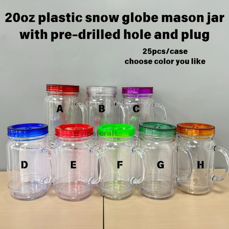 25 Pack China Warehouse New Style 20oz Pre-drilled Snow Globe Cup 20 oz Plastic Colorful and Clear Lids Mason Jars with Handles and Plug Acrylic Mugs for DIY Glitters