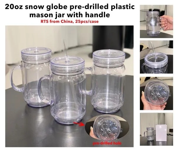 25 Pack China Warehouse New Style 20oz Pre-drilled Snow Globe Cup 20 oz Plastic Colorful and Clear Lids Mason Jars with Handles and Plug Acrylic Mugs for DIY Glitters