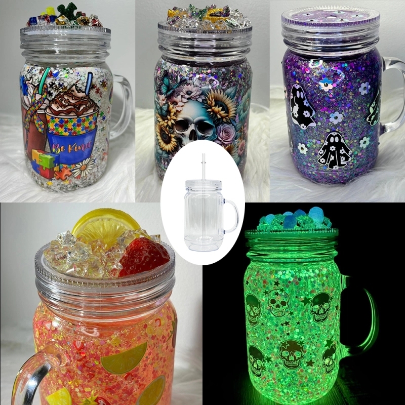 25 Pack China Warehouse Snow Globe 20oz Plastic Cup 20 oz Plastic Mug Mason Jars with Handles (Pre-drilled and plug)