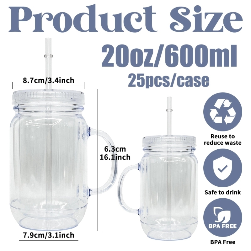 25 Pack China Warehouse Snow Globe 20oz Plastic Cup 20 oz Plastic Mug Mason Jars with Handles (Pre-drilled and plug)
