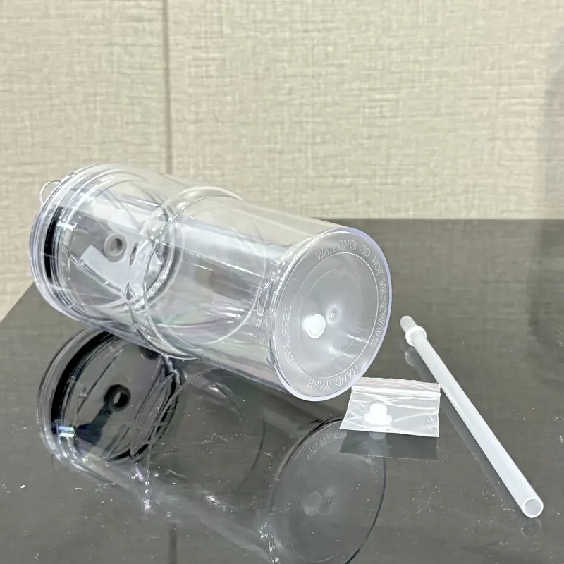 20 Pack China Warehouse Glitter 16oz 24oz Clear Acrylic Snow Globe Cups Plastic Double Wall Tumbler with Pre Drilled Hole and Plug for UV DTF Transfer Wrap
