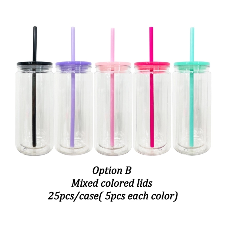 25 Pack China Warehouse Cup Inner 16oz Outer 20oz Bigger Style Pre-Drilled Snow Globe Plastic Can With Colorful PP Lid and Plug