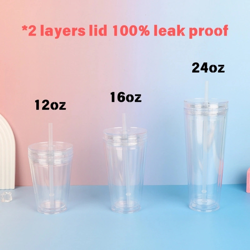 20 Pack China Warehouse 12oz 16oz 24oz Clear Pre Drilled Snow Globe Double Wall Plastic Acrylic Cups with Two Layers Lids 100% Leak Proof