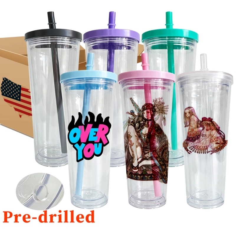 20 Pack China Warehouse 24oz Clear Transparent Pre Drilled Cup Snow Globe Double Wall Plastic Acrylic Tumbler Boba Cups Sold By Case