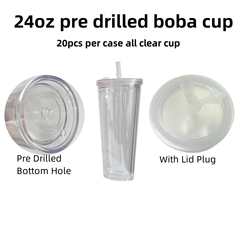 20 Pack China Warehouse 24oz Clear Transparent Pre Drilled Cup Snow Globe Double Wall Plastic Acrylic Tumbler Boba Cups Sold By Case