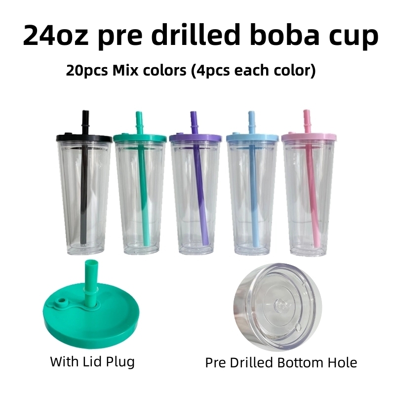 20 Pack China Warehouse 24oz Clear Transparent Pre Drilled Cup Snow Globe Double Wall Plastic Acrylic Tumbler Boba Cups Sold By Case
