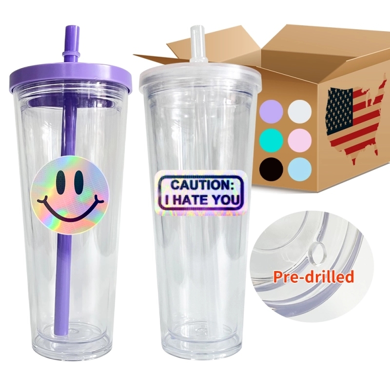 20 Pack China Warehouse 24oz Clear Transparent Pre Drilled Cup Snow Globe Double Wall Plastic Acrylic Tumbler Boba Cups Sold By Case