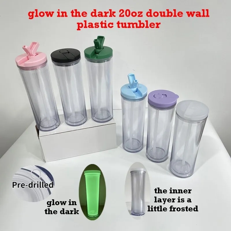 20 Pack China Warehouse SLBYXB02 Glow In The Dark Cup 20oz Double Wall Snow Globe Plastic Tumbler With Straw Lid And Pre drilled Bottom Hole Sold By Case