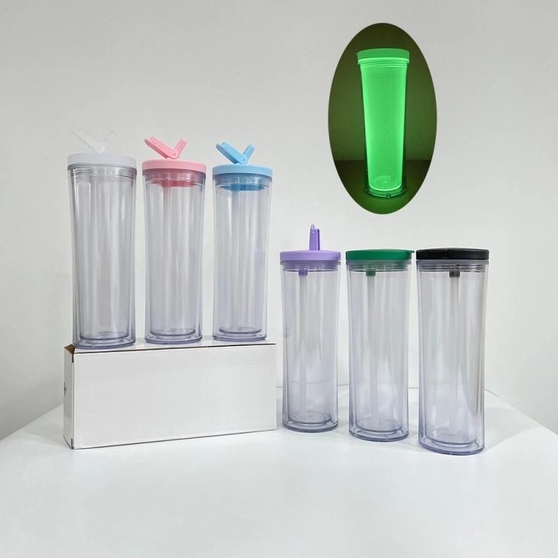 20 Pack China Warehouse SLBYXB02 Glow In The Dark Cup 20oz Double Wall Snow Globe Plastic Tumbler With Straw Lid And Pre drilled Bottom Hole Sold By Case