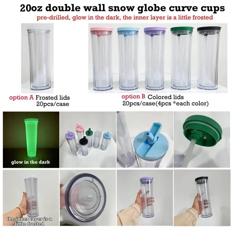 20 Pack China Warehouse SLBYXB02 Glow In The Dark Cup 20oz Double Wall Snow Globe Plastic Tumbler With Straw Lid And Pre drilled Bottom Hole Sold By Case