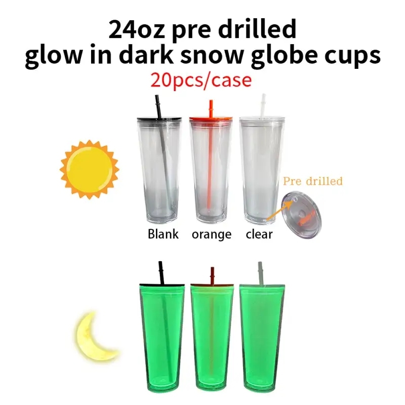 20 Pack China Warehouse 24oz Glow In The Dark Pre Drilled Cup 24 oz Snow Globe Double Wall Plastic Acrylic Tumbler Sold By Case