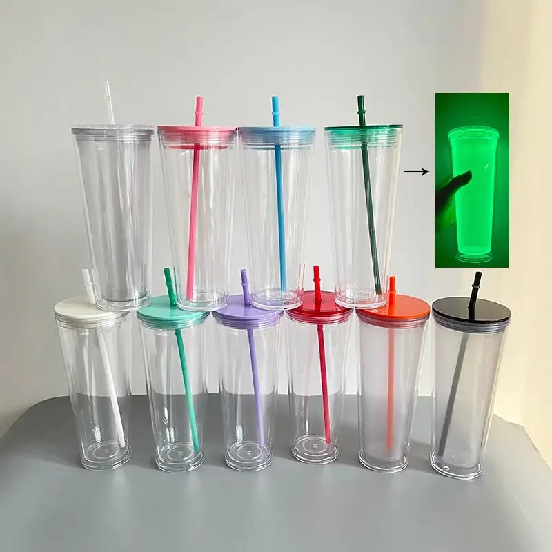 20 Pack China Warehouse 24oz Glow In The Dark Pre Drilled Cup 24 oz Snow Globe Double Wall Plastic Acrylic Tumbler Sold By Case