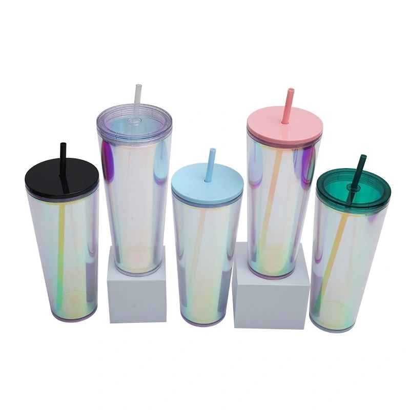 20 Pack China Warehouse 24oz Rainbow Laser Color Tumbler 24 oz Snow Globe Double Wall Plastic Acrylic Cups for UV DTF Wraps(no pre-drilled)