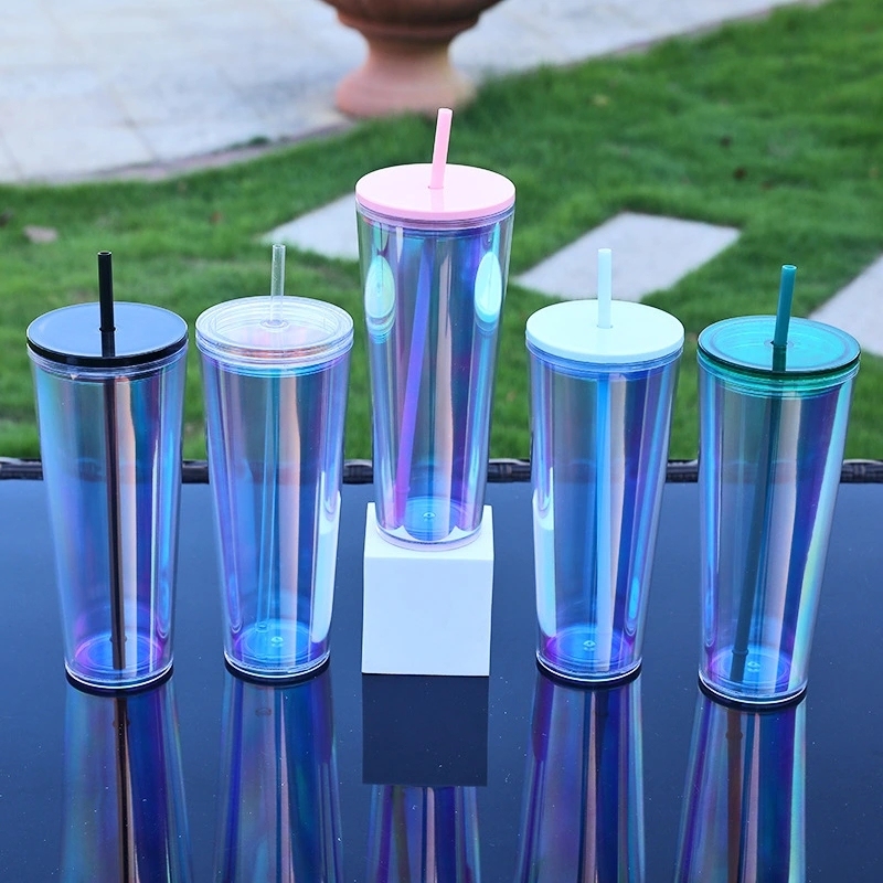 20 Pack China Warehouse 24oz Rainbow Laser Color Tumbler 24 oz Snow Globe Double Wall Plastic Acrylic Cups for UV DTF Wraps(no pre-drilled)