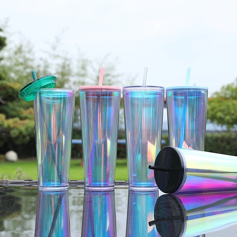 20 Pack China Warehouse 24oz Rainbow Laser Color Tumbler 24 oz Snow Globe Double Wall Plastic Acrylic Cups for UV DTF Wraps(no pre-drilled)