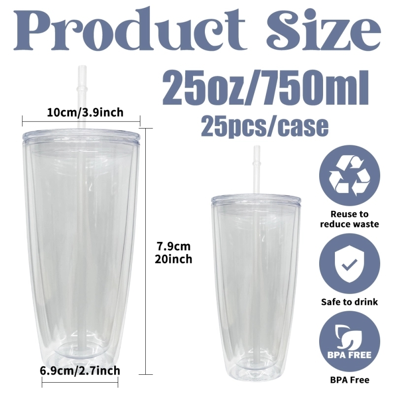 25 Pack China Warehouse 25oz Clear Snow Globe Plastic Cups 25 oz Double Wall Acrylic Can for Glitter(No Pre-drilled and without plug)