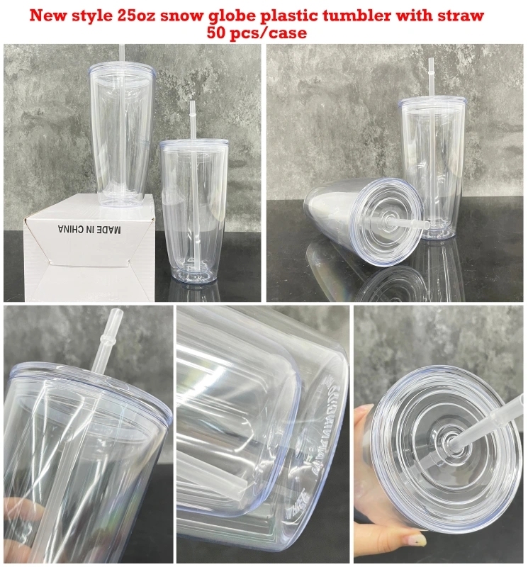 25 Pack China Warehouse 25oz Clear Snow Globe Plastic Cups 25 oz Double Wall Acrylic Can for Glitter(No Pre-drilled and without plug)