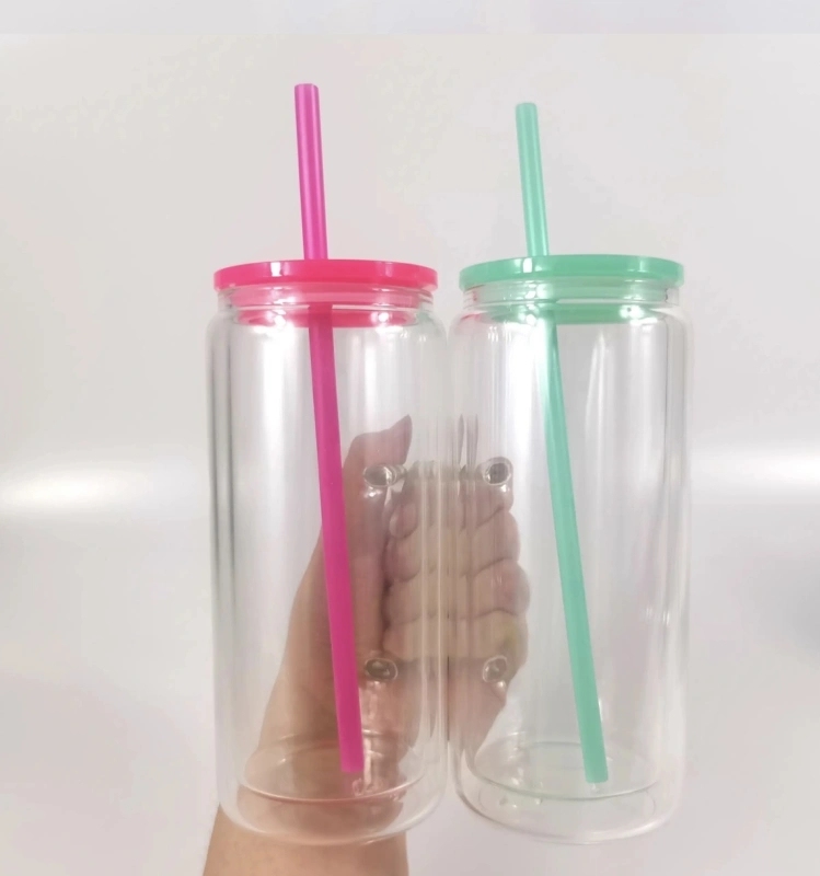 25 Pack China Warehouse 15oz Double Walled Pre-Drilled Glass Tumbler Cup 15 oz Snow Globe Glass Mugs With Colorful Plastic Lids and Plug