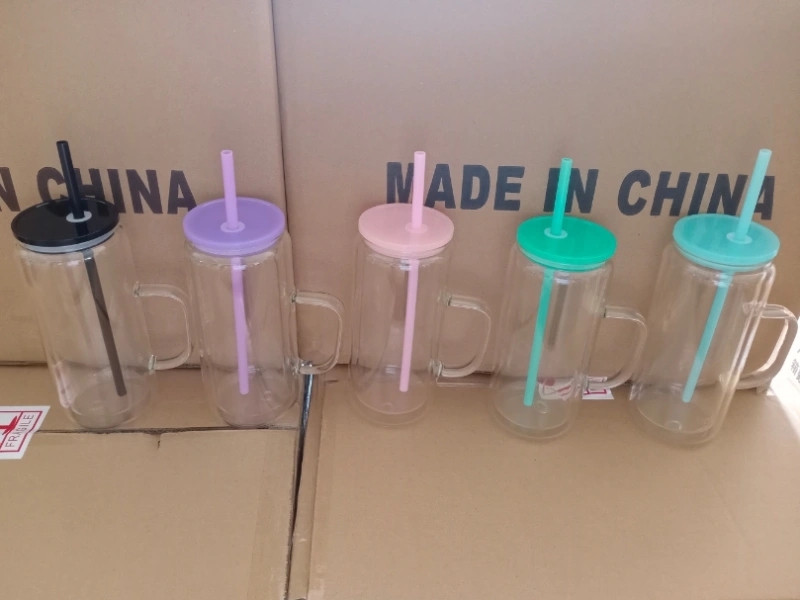 25 Pack China Warehouse 15oz Double Walled Pre-Drilled Glass Tumbler Cup 15 oz Snow Globe Glass Mugs With Colorful Plastic Lids and Plug