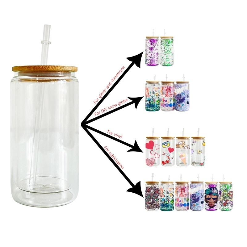 25 Pack China Warehouse 12oz 15oz 20oz Sublimation Blanks Glass Jar Cup Glass Water Bottle Pre Drilled Snow Globe Double Wall Glass Can With Bamboo Lid And Plastic Straw