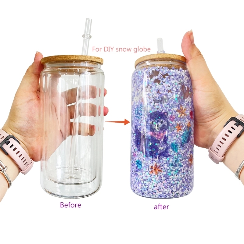 25 Pack China Warehouse 12oz 15oz 20oz Sublimation Blanks Glass Jar Cup Glass Water Bottle Pre Drilled Snow Globe Double Wall Glass Can With Bamboo Lid And Plastic Straw