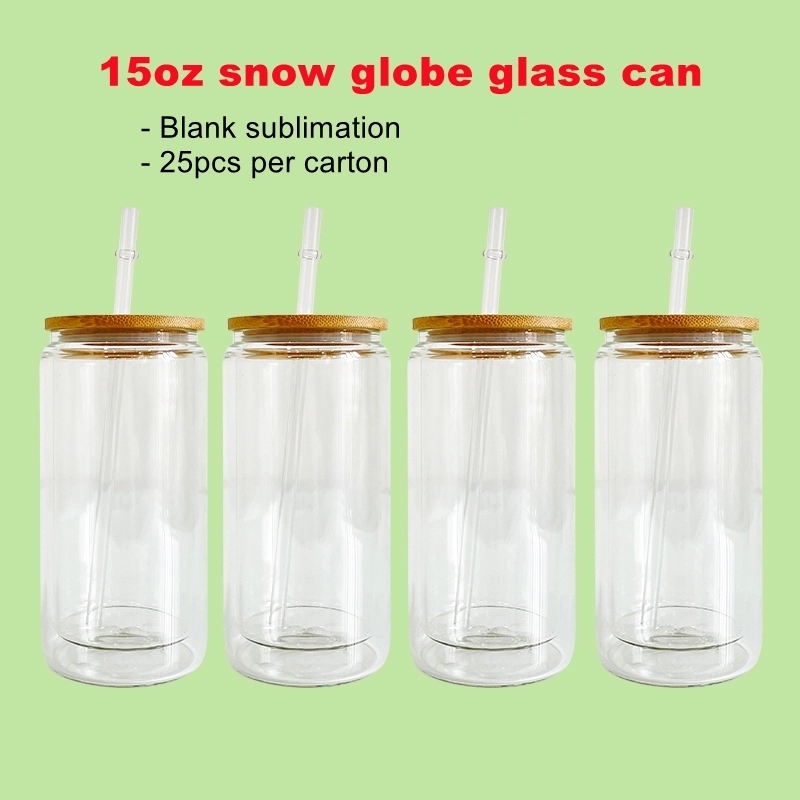25 Pack China Warehouse 12oz 15oz 20oz Sublimation Blanks Glass Jar Cup Glass Water Bottle Pre Drilled Snow Globe Double Wall Glass Can With Bamboo Lid And Plastic Straw