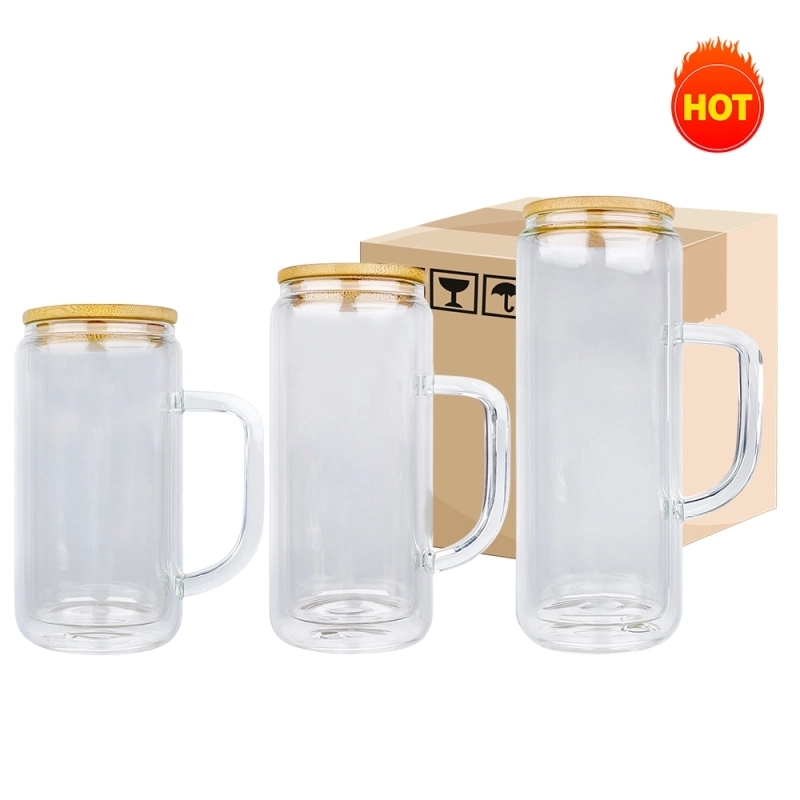 25 Pack China Warehouse 9oz 11oz 15oz Clear Sublimatable Glass Coffee Mug Glass Water Bottle Glass Can Cup with Handle and Pre Drilled Hole