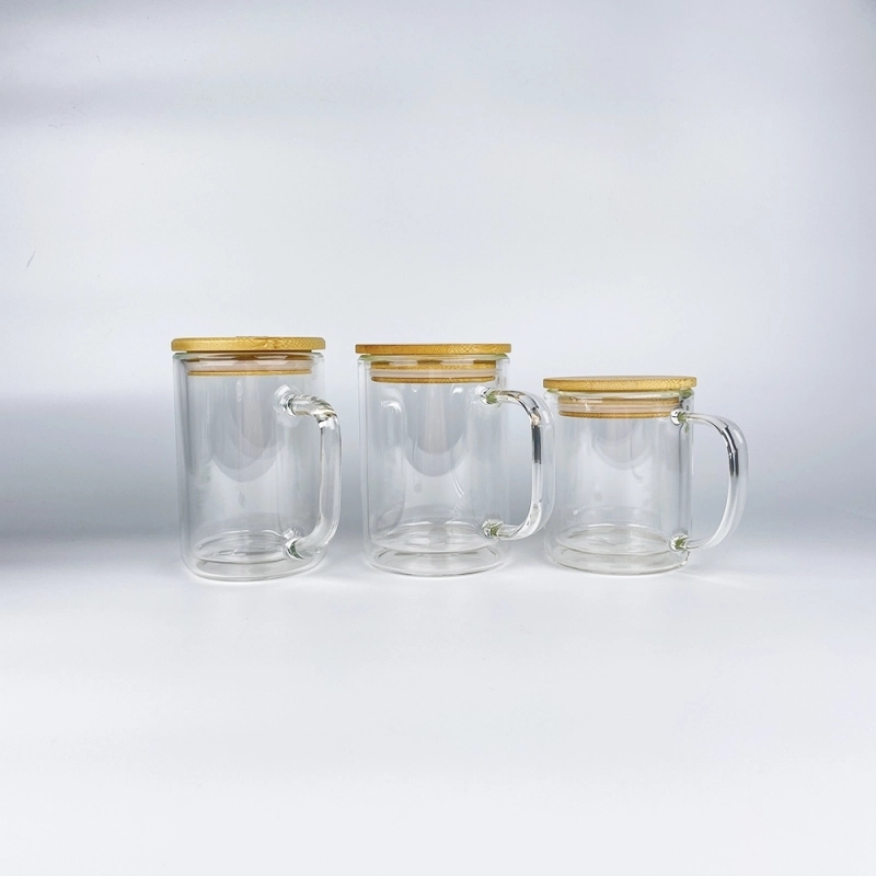 25 Pack China Warehouse 9oz 11oz 15oz Clear Sublimatable Glass Coffee Mug Glass Water Bottle Glass Can Cup with Handle and Pre Drilled Hole