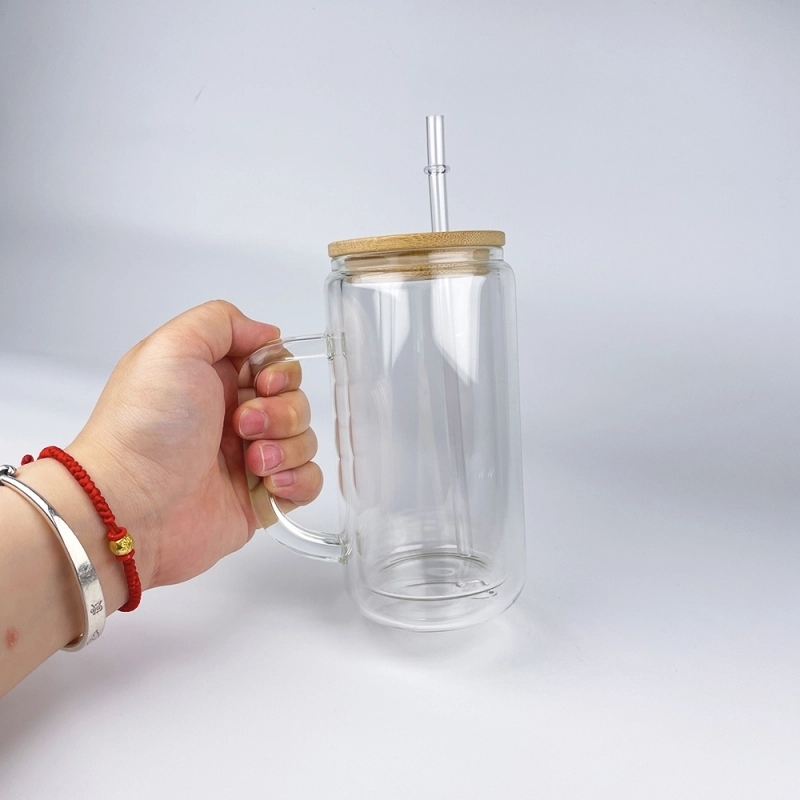 25 Pack China Warehouse 9oz 11oz 15oz Clear Sublimatable Glass Coffee Mug Glass Water Bottle Glass Can Cup with Handle and Pre Drilled Hole
