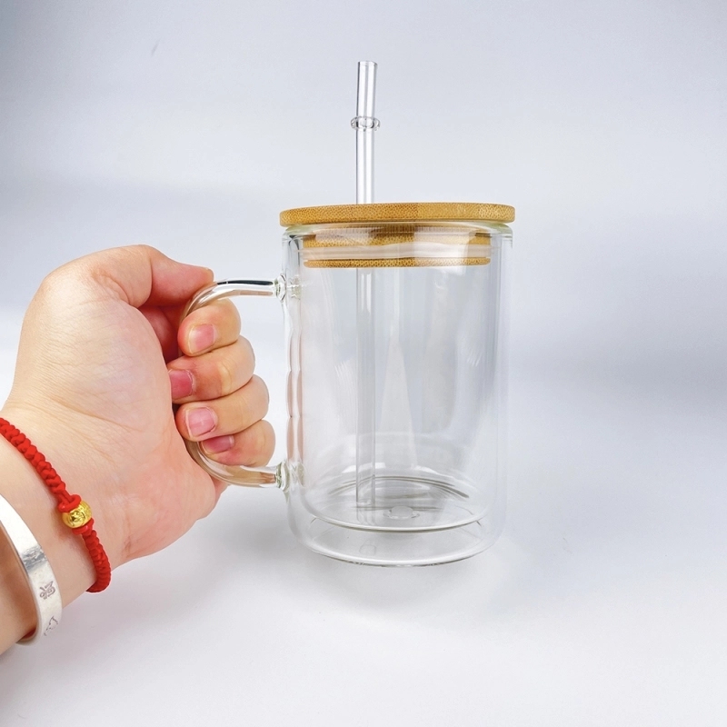 25 Pack China Warehouse 9oz 11oz 15oz Clear Sublimatable Glass Coffee Mug Glass Water Bottle Glass Can Cup with Handle and Pre Drilled Hole