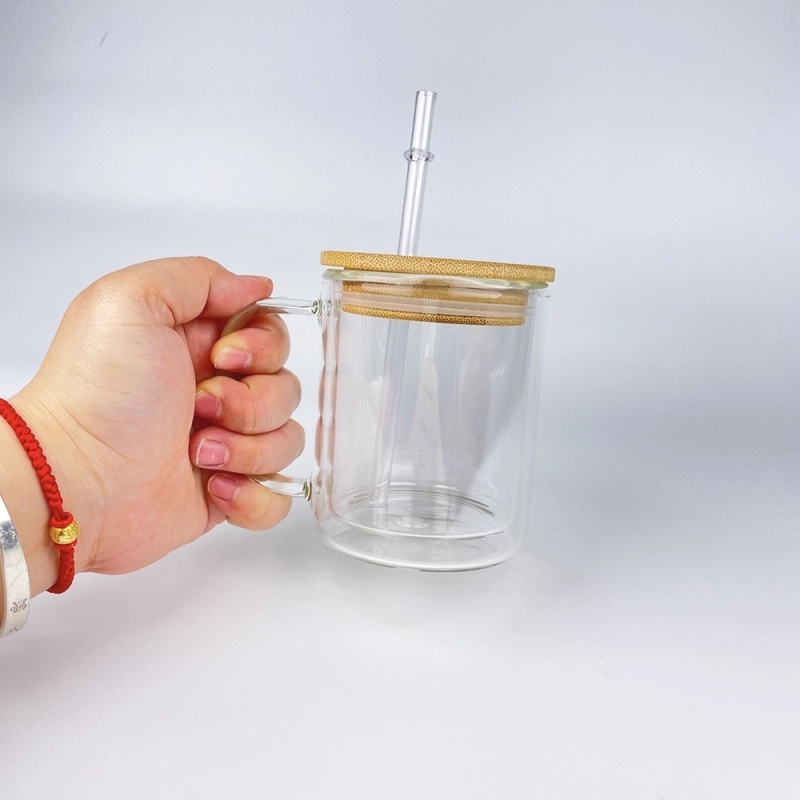 25 Pack China Warehouse 9oz 11oz 15oz Clear Sublimatable Glass Coffee Mug Glass Water Bottle Glass Can Cup with Handle and Pre Drilled Hole