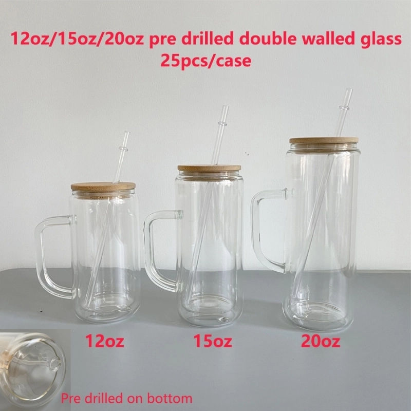 25 Pack China Warehouse 12oz 15oz 20oz Pre Drilled Hole Glass Jar Double Wall Glass Can Snow Globe Glass Mug Glass Bottle Cup With Handle