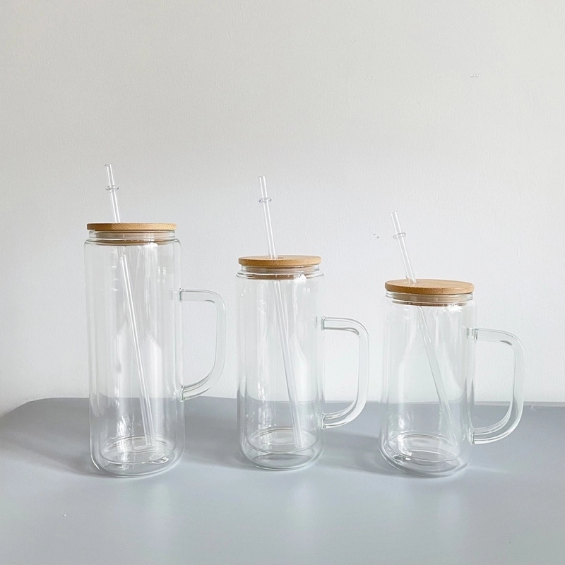 25 Pack China Warehouse 12oz 15oz 20oz Pre Drilled Hole Glass Jar Double Wall Glass Can Snow Globe Glass Mug Glass Bottle Cup With Handle