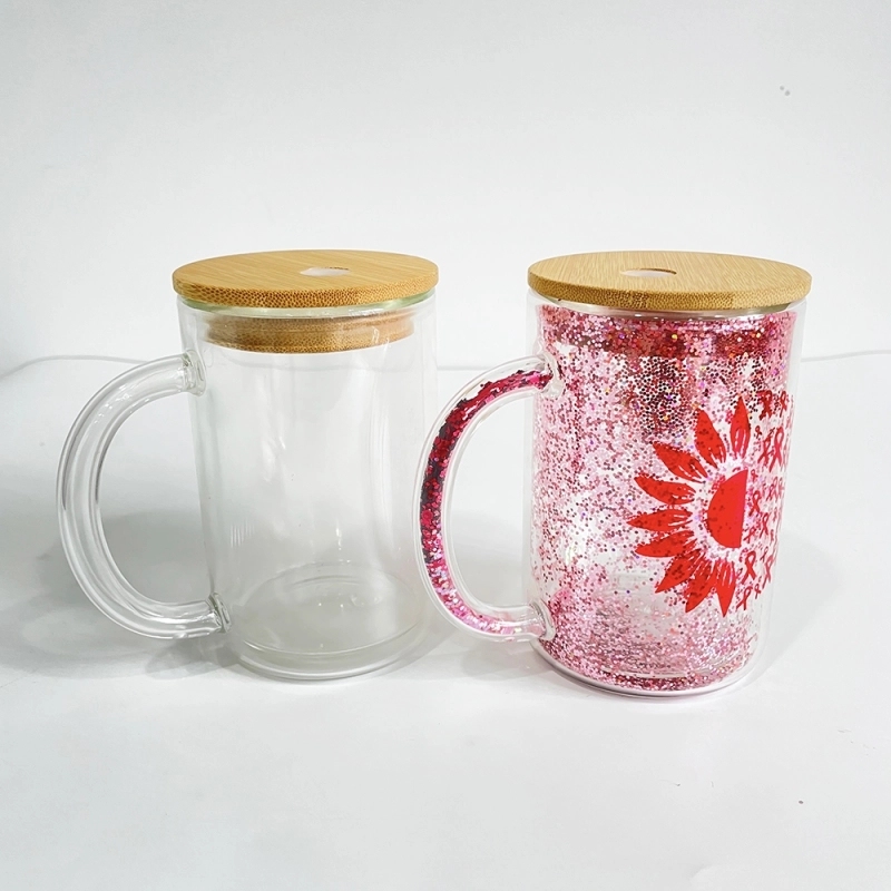 25 Pack China Warehouse 15oz Double Walled Snow Globe Glass Mugs 15 oz Glass Cup With Hollow Handle