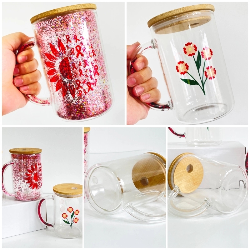 25 Pack China Warehouse 15oz Double Walled Snow Globe Glass Mugs 15 oz Glass Cup With Hollow Handle